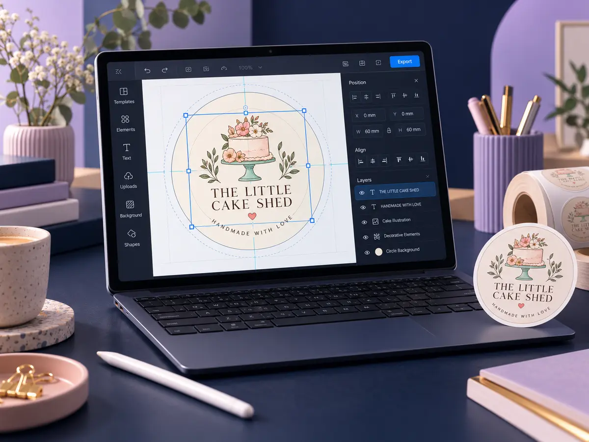 The Little Cake Shed logo being edited inside a round sticker template