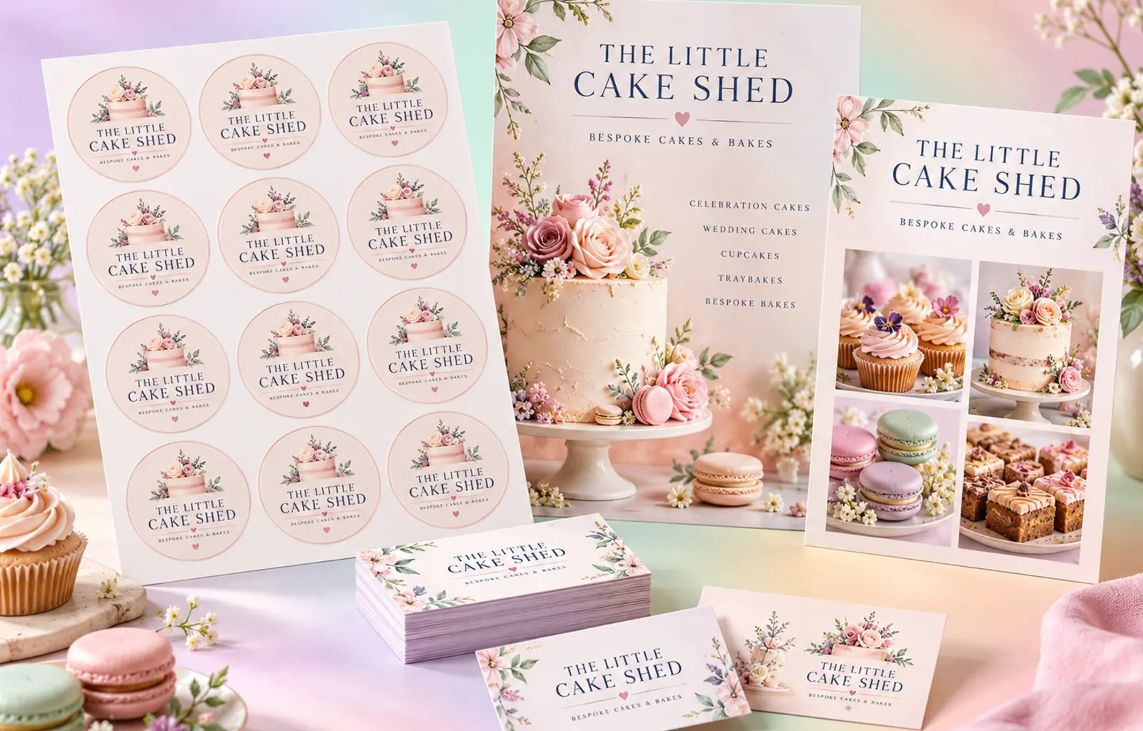 The Little Cake Shed stickers, business cards and printed leaflets